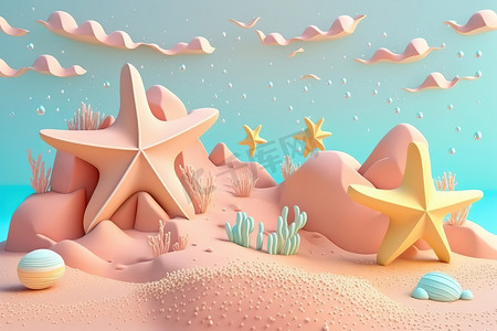 海边伞摄影照片_3D 海滩场景背景与海星和贝壳。