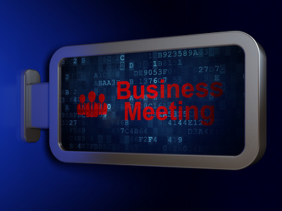 会议红色海报摄影照片_财务理念：商务会议和广告牌背景上的商务人士