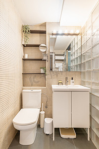 时尚的小浴室配有马桶和带架子的水槽，背景是米色马赛克瓷砖和玻璃砖墙。