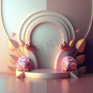 母亲节d摄影照片_豪华讲台 3D 插图，具有优雅的粉红色和抽象的花环装饰，用于产品展示