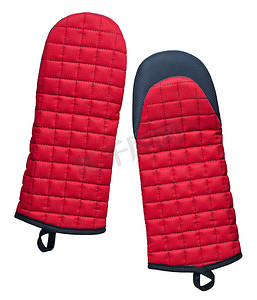 嵌缝摄影照片_带隔离硅胶嵌件的红色织物绗缝烤箱手套