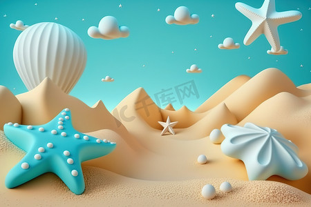 3D 海滩场景背景与海星和贝壳。