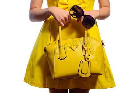 黄色礼服的典雅的时髦的妇女有提包和太阳镜的