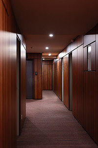 现代酒店走廊空荡荡的黑暗内部，有木板墙、优雅的地毯和天花板上的灯光。
