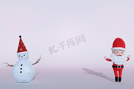 3D 渲染，ICE 背景下欢快的圣诞老人和雪人的舞蹈。