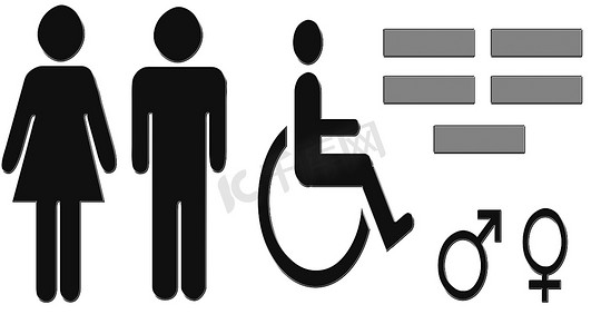 轮椅图标摄影照片_男性和女性被隔离，一个男人坐在轮椅上，轮椅上有两个符号，金星和火星，还有 5 个空矩形。