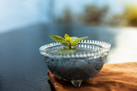 将浸泡过的 sabja 种子或 falooda 种子或甜罗勒种子放在木质表面棕色餐巾纸上的玻璃碗中，里面有一些薄荷叶。用于许多调味饮料。