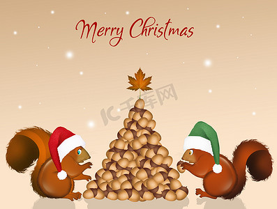 圣诞明信片，圣诞松鼠用橡子做树