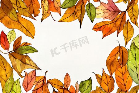 水彩画框摄影照片_白色上孤立的树叶和树枝的水彩画框