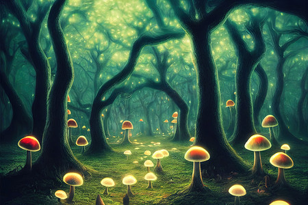 夜晚的月亮摄影照片_夜晚的魔法森林被发光的蘑菇照亮，