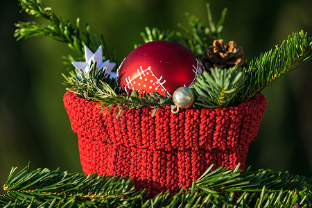圣诞装饰的特写，在自然背景前有一个红色的小玩意