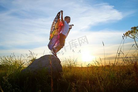 阳光明媚的夏日，有明亮蝴蝶翅膀的英俊男孩在草地上的自然景观上玩得开心。