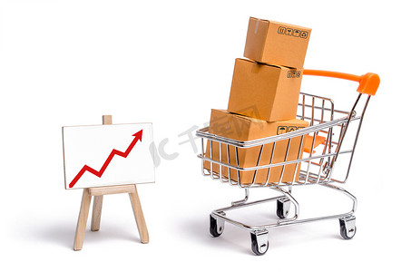 带盒子的超市购物车和带红色箭头的图表，商品：买卖商品和服务、互联网商务、在线购物、贸易和营业额的概念。