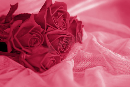 模板活动摄影照片_在精致的织物背景上搭配一束粉红玫瑰。