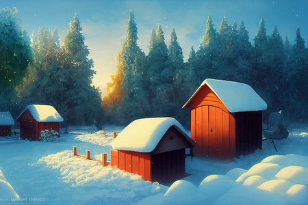 冬天的菜园被雪覆盖着，上面有木制的高品质二维插图。
