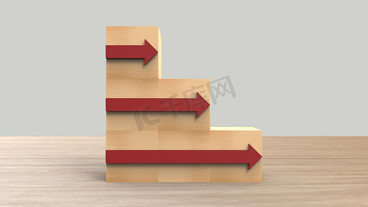 木块堆叠为左侧楼梯，右侧有红色箭头。