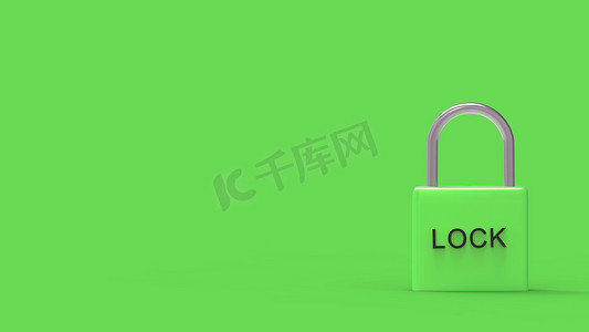 绿背景摄影照片_挂锁绿色挂锁，背景金属上有“锁”字。