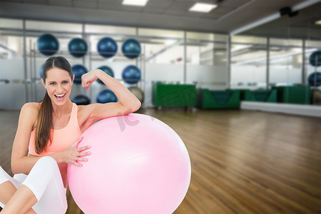 健身球锻炼肌肉的快乐健康女性的合成图像
