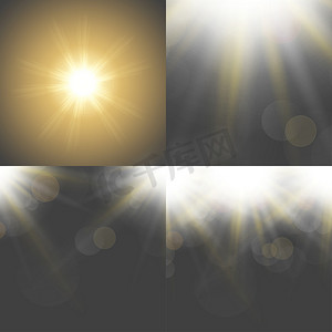 射线效果摄影照片_设置有四个抽象模糊背景覆盖半透明圆圈、灯光效果和太阳爆发。