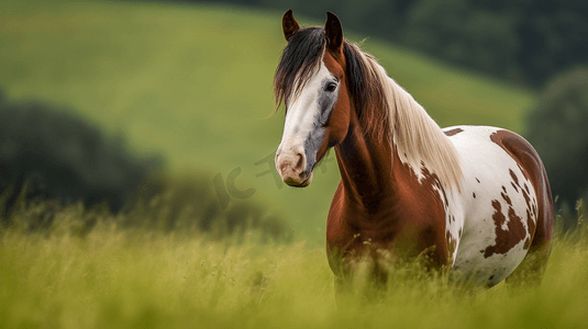 白棕相间摄影照片_白天绿草场上的棕白相间的马