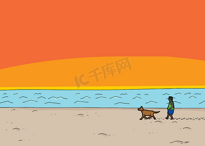 在海滩日落遛狗