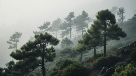 郁郁葱葱的松树笼罩着浓雾