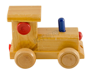 火车玩具摄影照片_白色隔离的木制火车玩具颜色细节