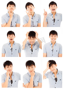 亚洲年轻人面部表情复合隔离在白色