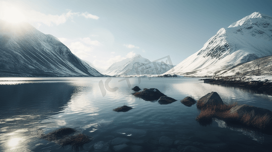 水体摄影照片_白天靠近水体的积雪覆盖的山