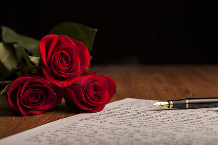 回忆录摄影照片_钢笔、纸和花玫瑰的静物