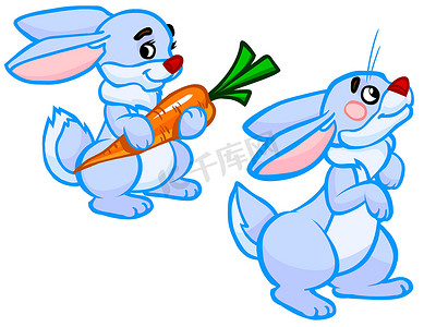 卡通蓝色兔子摄影照片_两只兔子的卡通插图。