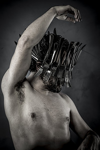 Fashion, Man with helmet made ������ with forks and knifes, 艺术
