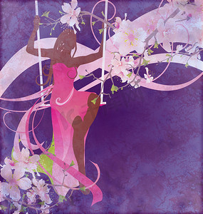 花卉的剪影摄影照片_穿着粉红色晚礼服的女人剪影在花卉的秋千上