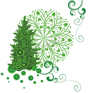矢量圣诞树绿色插画与雪花隔离