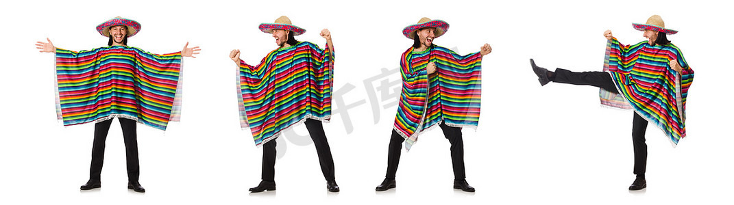 墨西哥帽子摄影照片_英俊的男人在生动的雨披隔离在白色