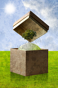 回收纸盒中的绿色星球，可持续概念