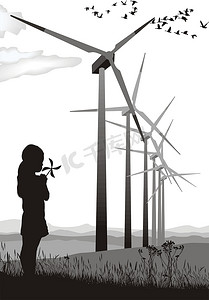 一个小女孩和风力涡轮机