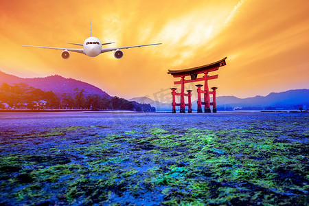 真正的飞机飞过 Tori 门，可以看到日本广岛