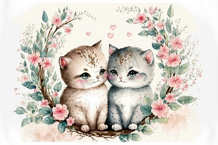 可爱的手绘卡通摄影照片_可爱的小猫恋爱浪漫情人节手绘卡通风格
