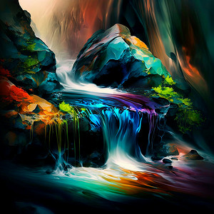 一条彩虹溪流在山间飞溅