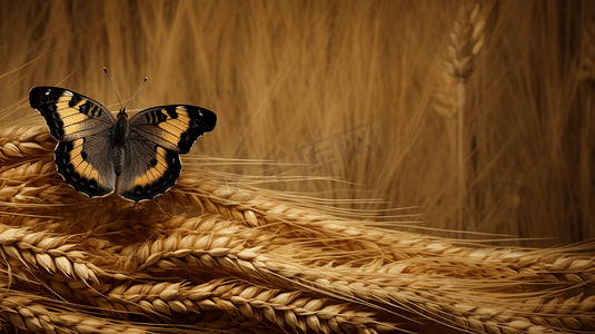 棕色小麦上的黄黑相间的蝴蝶