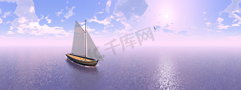 帆船海鸥摄影照片_帆船，360 度效果 — 3D 渲染