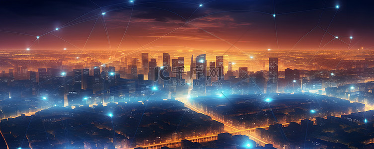 城市夜晚建筑背景图片_未来科技城市信号传输概念背景
