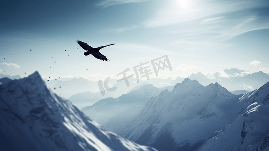 白天飞过白雪覆盖的山脉的雄鹰