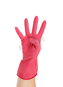 手在红色橡胶手套中显示了四个。