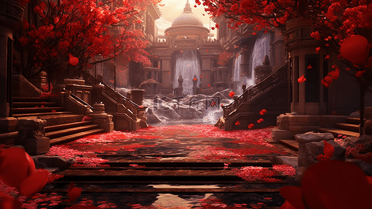 欧式梦幻城堡背景图片_梦幻唯美立体场景红色欧式花朵城堡