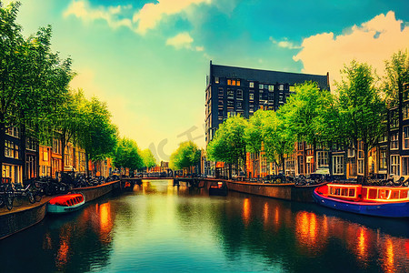 动漫自行车摄影照片_动漫风格，骑自行车过运河阿姆斯特丹市风景如画的小镇
