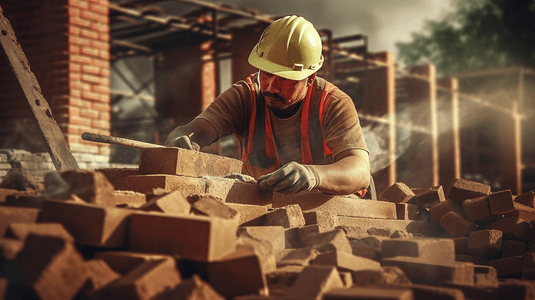 钢筋建筑摄影照片_工人在建筑工地砌砖墙