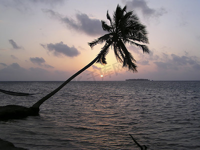 马尔代夫群岛热带海滩上的日落