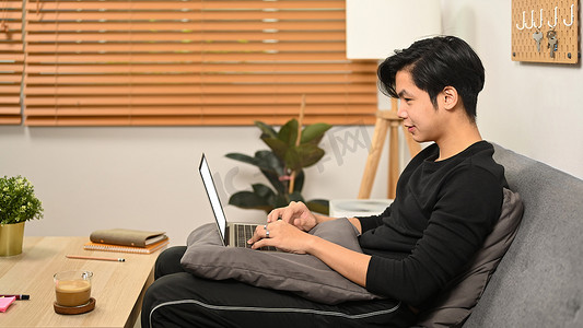 随便的人坐在客厅里，用笔记本电脑浏览互联网。